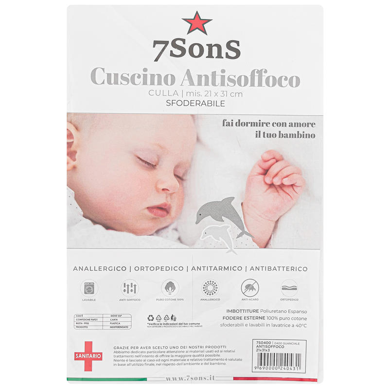 7SONS Cuscino Culla Antisoffoco Sfoderabile Cm 21x31, ART 7S0400