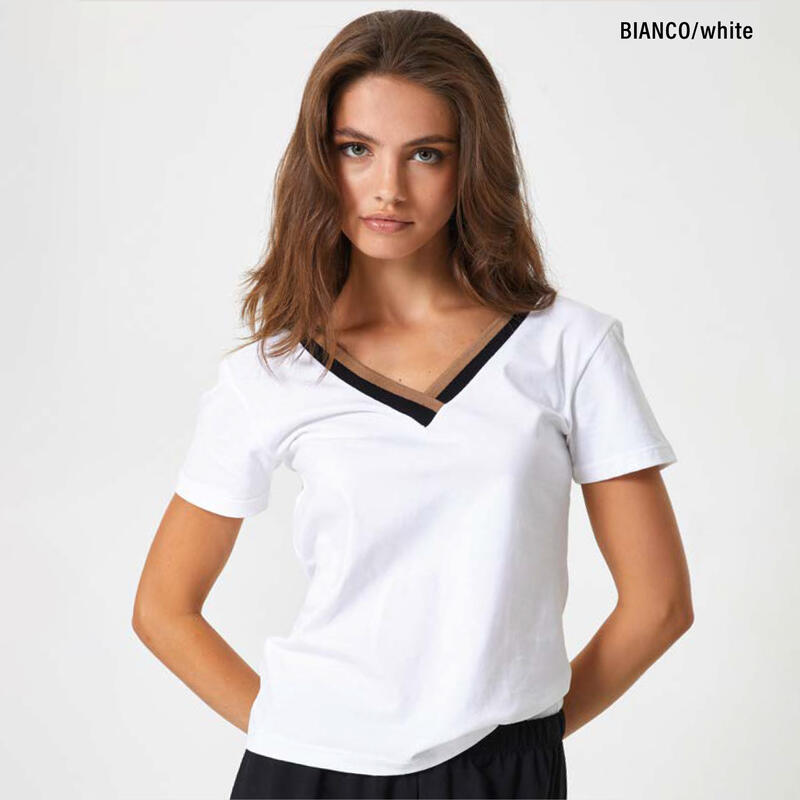 T-SHIRT DONNA SCOLLO A V CON BORDINO BICOLORE BuyBuy24 Abbilgiamento e Biancheria