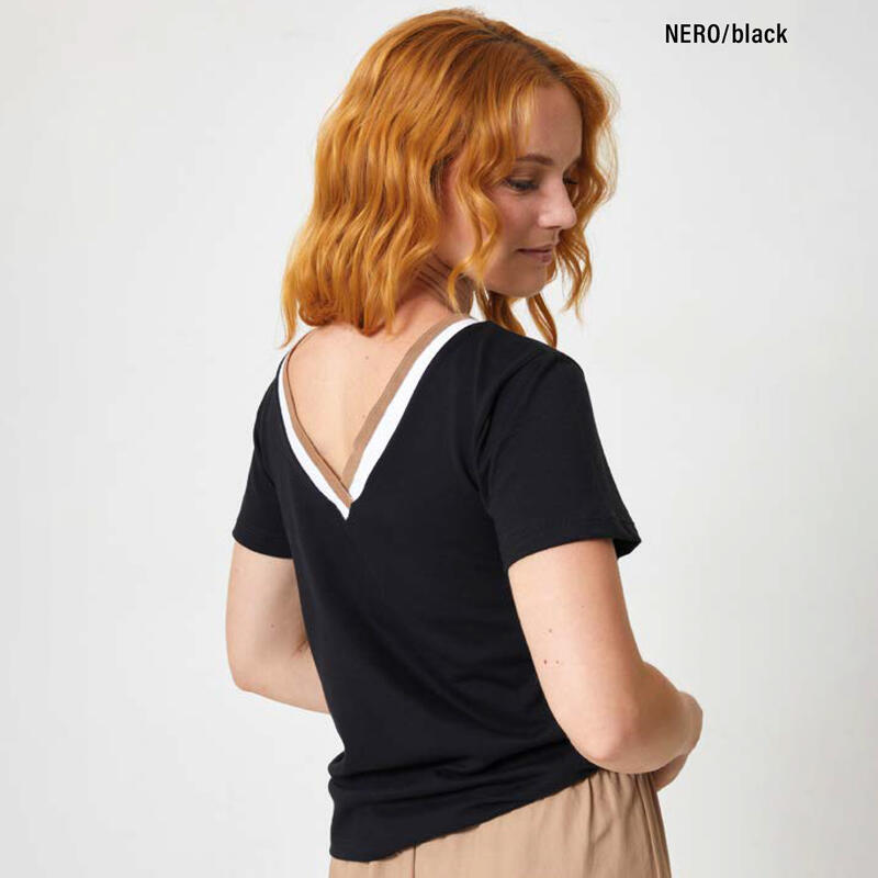 T-SHIRT DONNA SCOLLO A V CON BORDINO BICOLORE BuyBuy24 Abbilgiamento e Biancheria